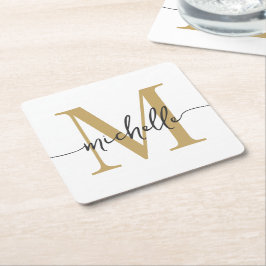 Elegant Modern Vitguld Monogram Namnskrift Underlägg Papper Kvadrat