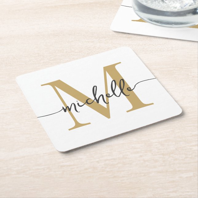 Elegant Modern Vitguld Monogram Namnskrift Underlägg Papper Kvadrat (Vinklad)