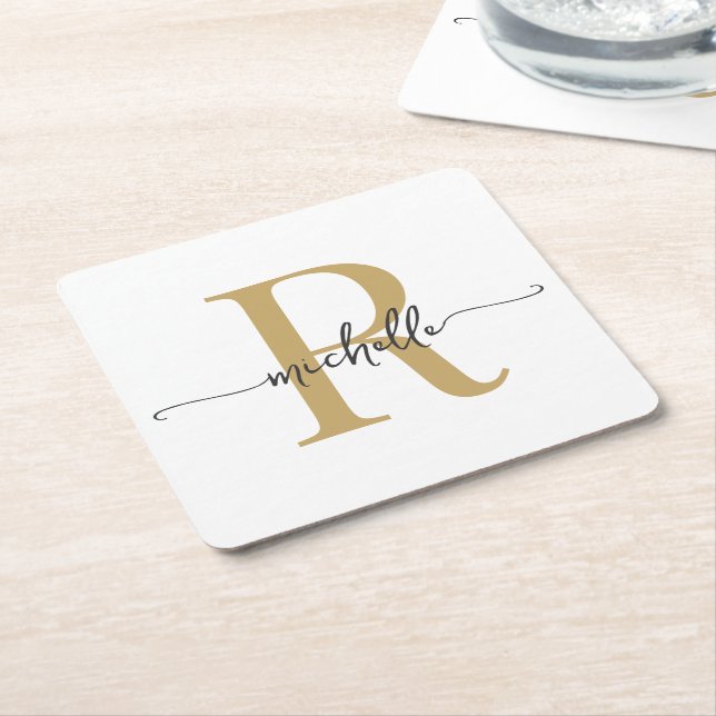 Elegant Modern Vitguld Monogram Namnskrift Underlägg Papper Kvadrat (Vinklad)