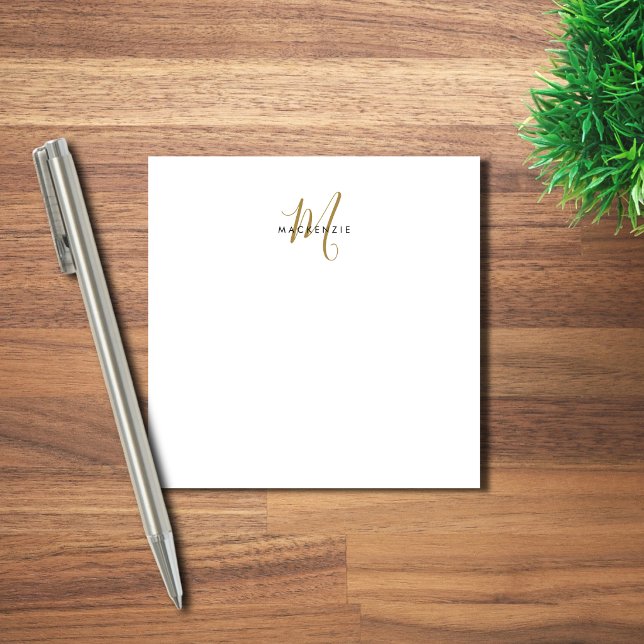 Elegant Modern Vitguld Script Monogram Post-it Block (Skapare uppladdad)