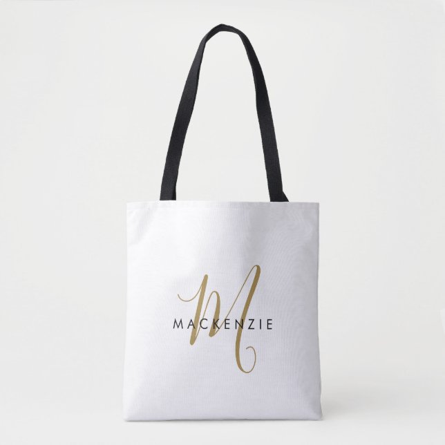 Elegant Modern Vitguld Script Monogram Tygkasse (Framsida)