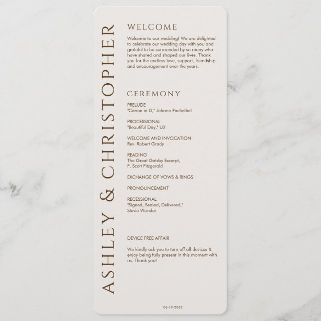 Elegant Modern Walnut Brown Bröllop Program (Framsida)