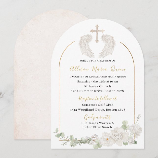 Elegant Modern Watercolor Beige Angel Baptism Invi Inbjudningar (Fram/baksida)