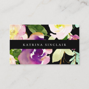 Elegant Modern Watercolor Blommigt Black Visitkort