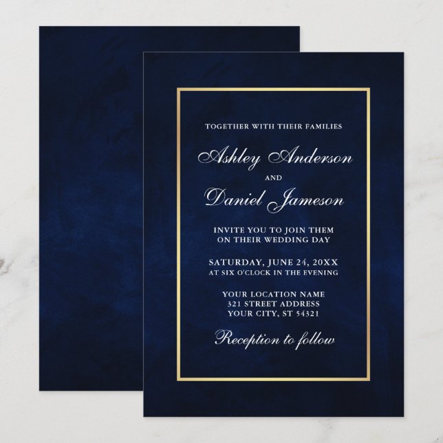 Elegant Modern Watercolor Blue Guld Bröllop Inbjudningar (Fram/baksida)