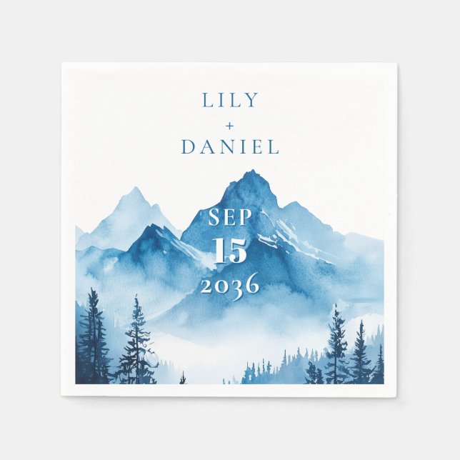 Elegant Modern Watercolor Blue Mountains Bröllop Pappersservett (Framsidan)