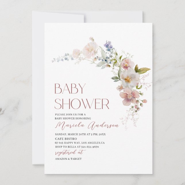 Elegant Modern Watercolor Flowers Baby Shower Inbjudningar (Framsida)