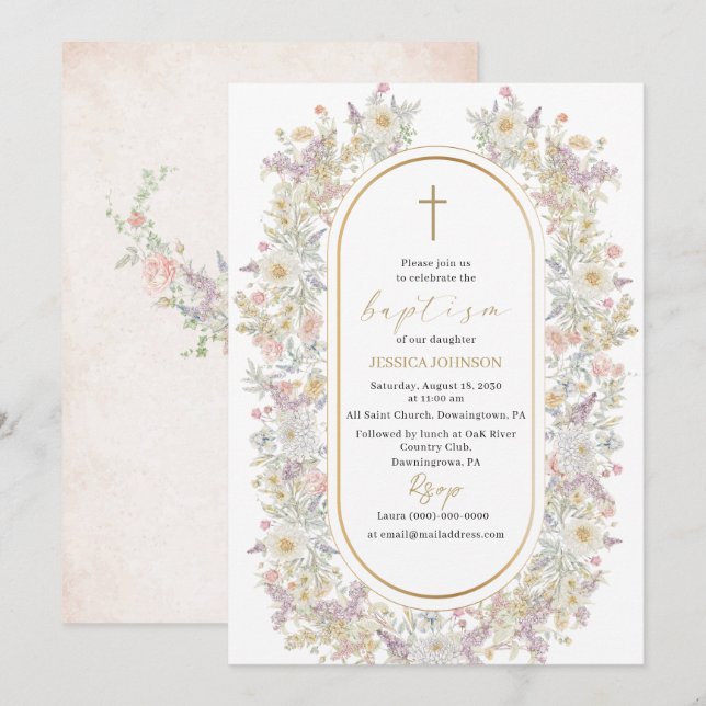 Elegant Modern Watercolor Flowers Baptism Inbjudningar (Fram/baksida)