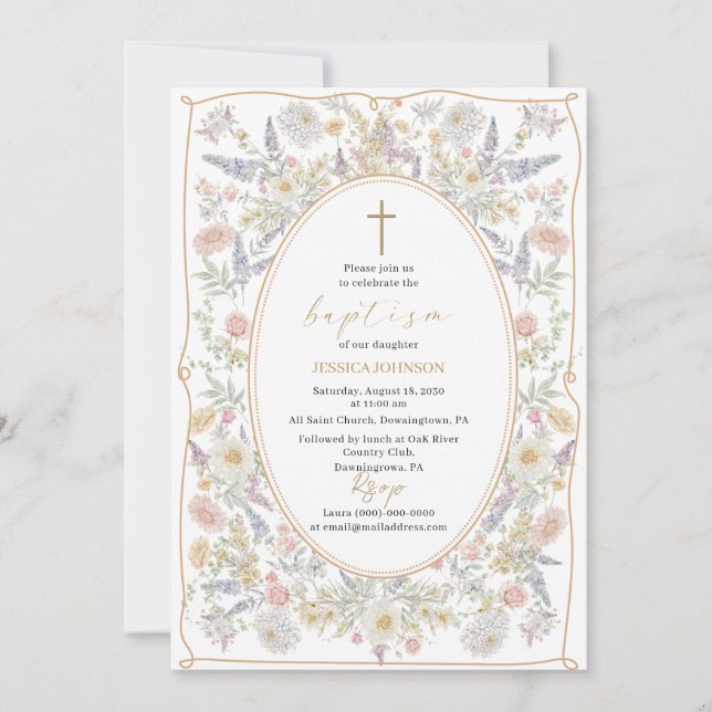 Elegant Modern Watercolor Flowers Baptism Inbjudningar (Framsida)