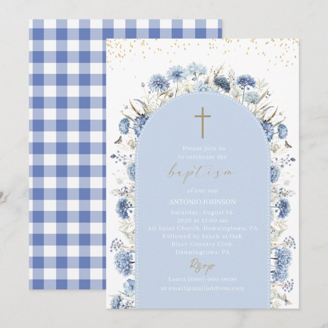 Elegant Modern Watercolor Flowers Baptism Inbjudningar (Fram/baksida)