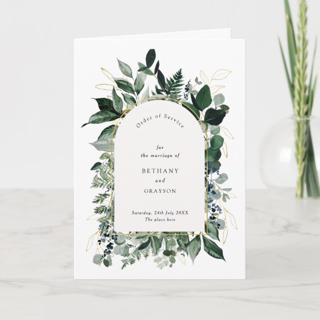 Elegant Modern Watercolor Greenery Bi fold bröllop Program (Framsida)