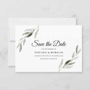 Elegant Modern Watercolor Grön Blad Bröllop Spara Datumet