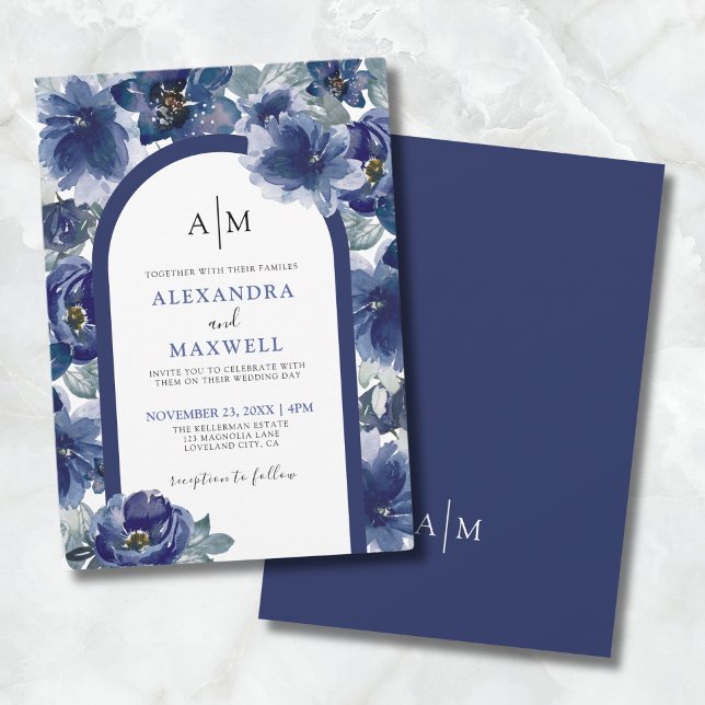 Elegant Modern Watercolor Navy Blue Blommigt Bröll Inbjudningar (Elegant Modern Watercolor Navy Blue Floral Wedding Invitation)