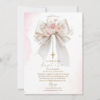 Elegant Modern Watercolor Pink Bow Baptism Cross Inbjudningar
