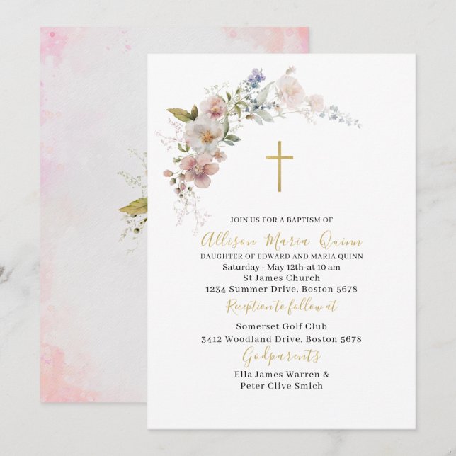 Elegant Modern Watercolor Rosa Blommigt Baptism Inbjudningar (Fram/baksida)