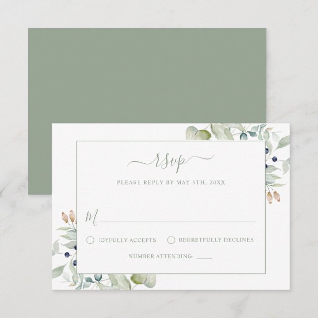 Elegant Modern Watercolor Sage Botanical Bröllop R OSA Kort (Fram/baksida)