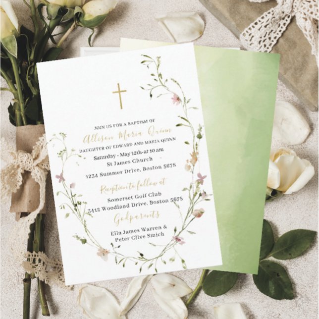 Elegant Modern Watercolor Wildblommor Baptism Inbjudningar (Skapare uppladdad)