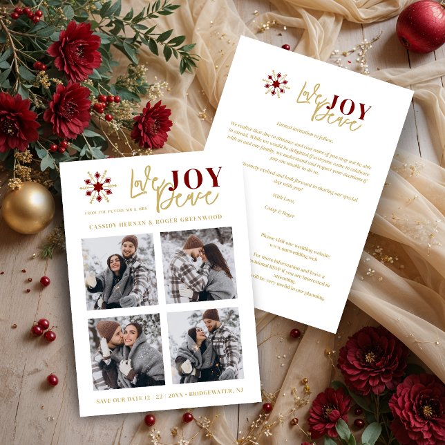 Elegant Modern Wedding Christmas Four Photos Spara Datumet (Elegant Modern Wedding Christmas 4 Photos in Dark Red & Fake Gold Holiday Cards as a Save the Dates.)