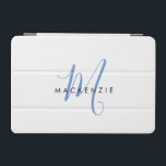 Elegant Modern White Blue Script Monogram iPad Mini Skydd<br><div class="desc">Elegant Modern White Blue Script Monogram iPad Mini Cover. Ett elegant blått skript monogram i kombination med ett rent svart smekif-teckensnitt gör att contemporaryn ser ut.</div>