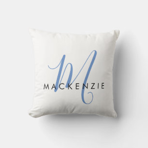 Elegant Modern White Blue Script Monogram Kudde