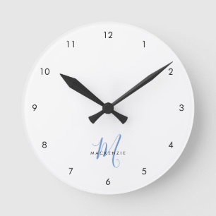 Elegant Modern White Blue Script Monogram Rund Klocka
