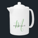 Elegant Modern White Grönt Script Monogram<br><div class="desc">Elegant Modern White Grönt Script Monogram-tekanna. Ett skript för grönt av elegant monogram i kombination med ett rent svart smekif-teckensnitt gör att contemporaryn ser ut.</div>