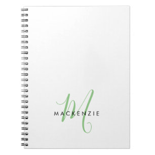 Elegant Modern White Grönt Script Monogram Anteckningsbok