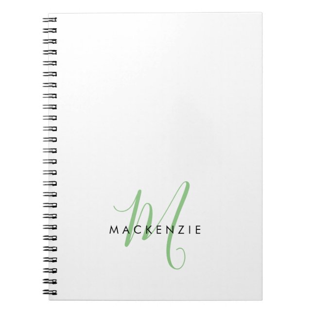 Elegant Modern White Grönt Script Monogram Anteckningsbok (Framsidan)