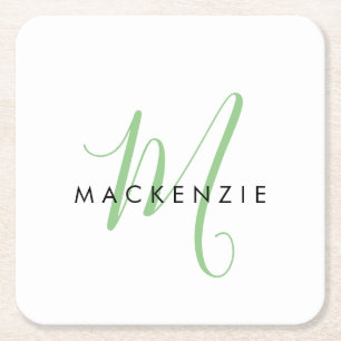 Elegant Modern White Grönt Script Monogram Underlägg Papper Kvadrat