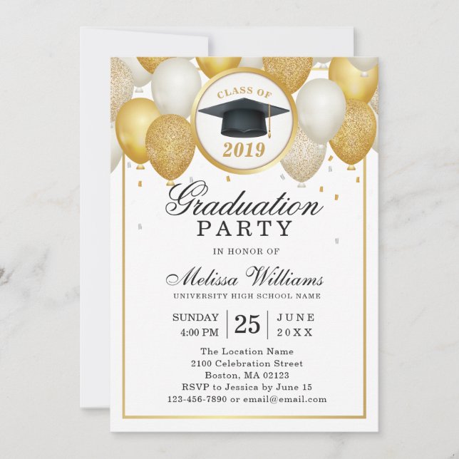 Elegant Modern White Guld Glitter Studentfest Inbjudningar (Framsida)