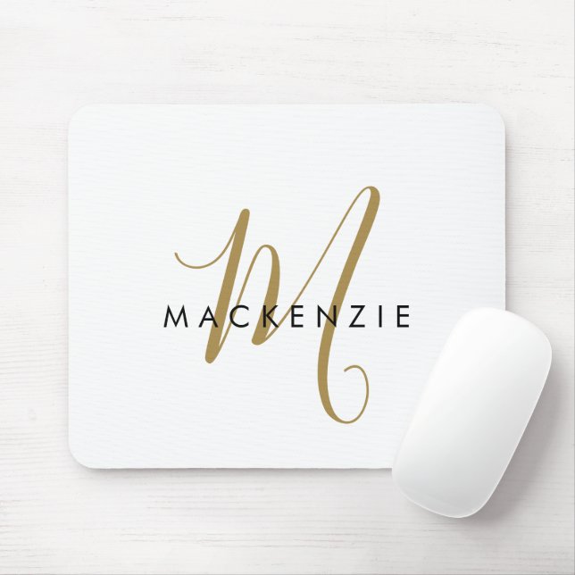 Elegant Modern White Guld Script Monogram Musmatta (Med mus)