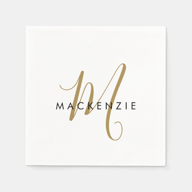 Elegant Modern White Guld Script Monogram Pappersservett (Framsidan)