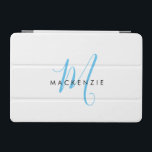 Elegant Modern White Himlar Blue Script Monogram iPad Mini Skydd<br><div class="desc">Elegant Modern White Himlar Blue Script Monogram iPad Mini Cover. Ett himlar-blått skript av elegant monogram i kombination med ett rent svart smekif-teckensnitt gör att contemporaryn ser ut.</div>