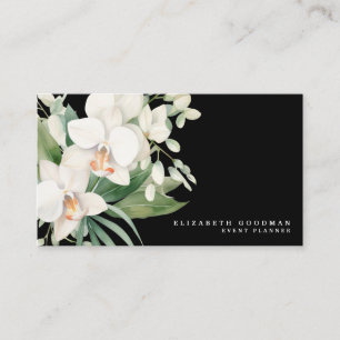 Elegant Modern White Orchids Black Affärskorts Visitkort
