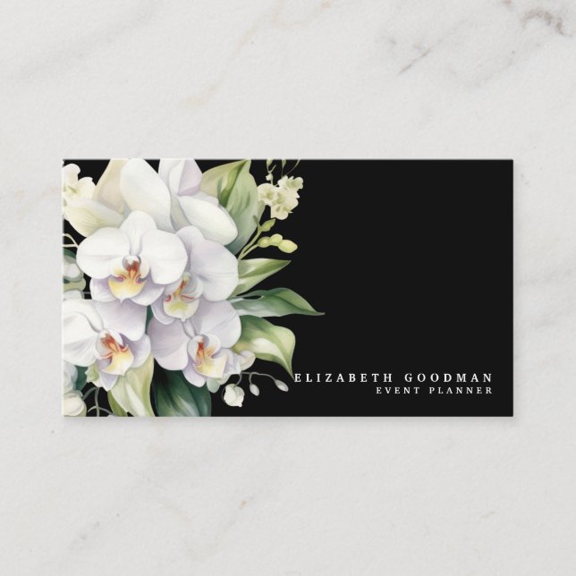 Elegant Modern White Orchids Black Affärskorts Visitkort (Framsida)