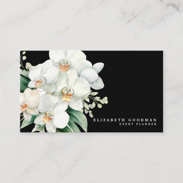 Elegant Modern White Orchids Black Affärskorts Visitkort (Framsida)
