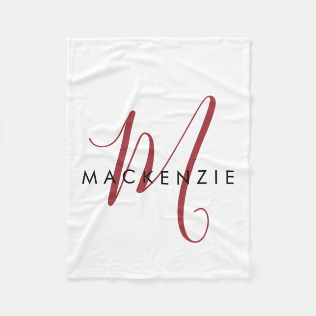 Elegant Modern White Red Script Monogram Fleecefilt (Framsidan)