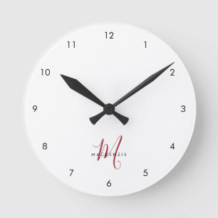 Elegant Modern White Red Script Monogram Rund Klocka