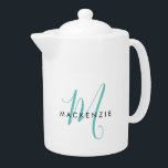 Elegant Modern White Teal Script Monogram<br><div class="desc">Elegant Modern White Teal Script Monogram-tekanna. Ett monogram för tealskript i elegant kombinerat med ett rent svart smekif-teckensnitt gör att contemporaryn ser ut.</div>