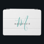 Elegant Modern White Teal Script Monogram iPad Mini Skydd<br><div class="desc">Elegant Modern White Teal Script Monogram iPad Mini Cover. Ett monogram för tealskript i elegant kombinerat med ett rent svart smekif-teckensnitt gör att contemporaryn ser ut.</div>
