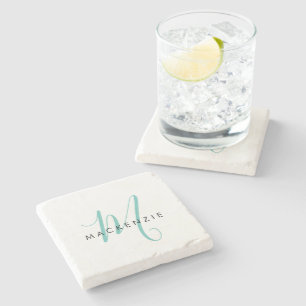 Elegant Modern White Teal Script Monogram Stenunderlägg