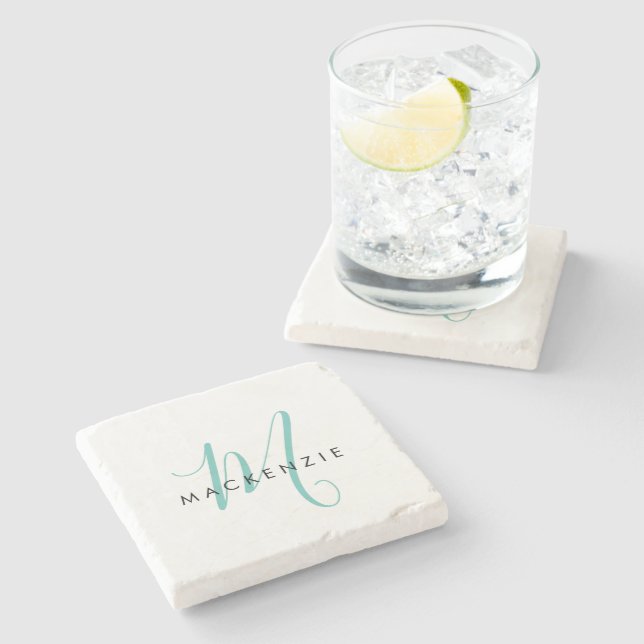 Elegant Modern White Teal Script Monogram Stenunderlägg (Sidan)