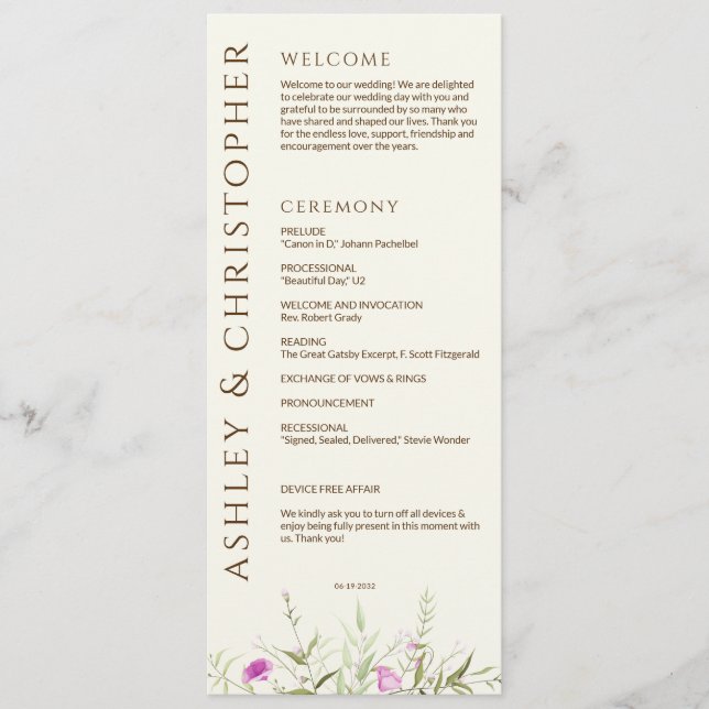 Elegant Modern Wildblomma off-White Bröllop Program (Framsida)