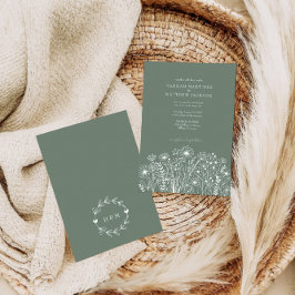 Elegant Modern Wildblomme Sage Grönt Bröllop Inbjudningar