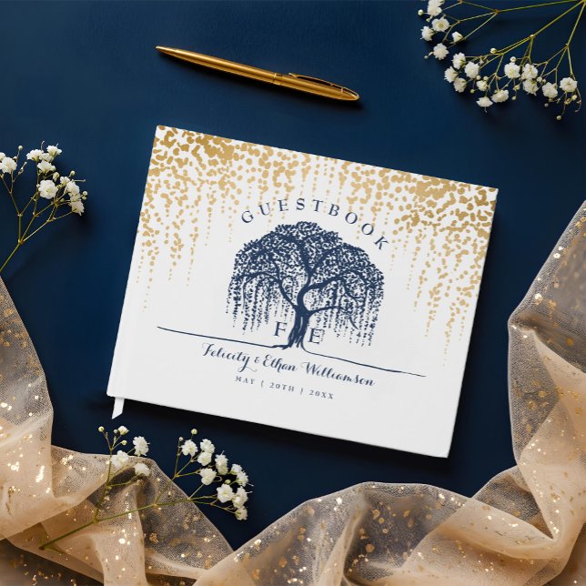 Elegant Modern Willow Träd marinblå Guld Bröllop Gästböcker (Elegant Modern Willow Tree Navy Blue Gold Wedding Guest Book)