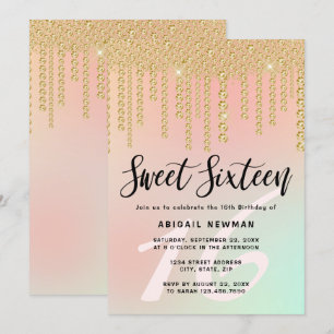 Elegant moderna diamantdroppar i guld sweet sixtee inbjudningar