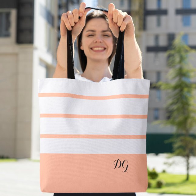 Elegant moderna djärva ränder monogram trendig per tygkasse (Elegant Modern Bold Stripes Monogram Trendy Peach Tote Bag)