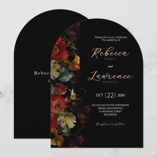 Elegant moderna moody blommor arch bröllop inbjudningar (Fram/baksida)