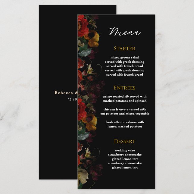 Elegant moderna moody blommor bröllop meny (Fram/baksida)