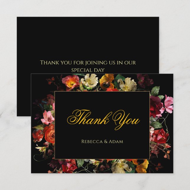 Elegant moderna moody blommor bröllop tack kort (Fram/baksida)